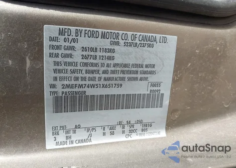 2001 Mercury Grand Marquis Gs from USA, damaged, VIN 2MEFM74W51X651759